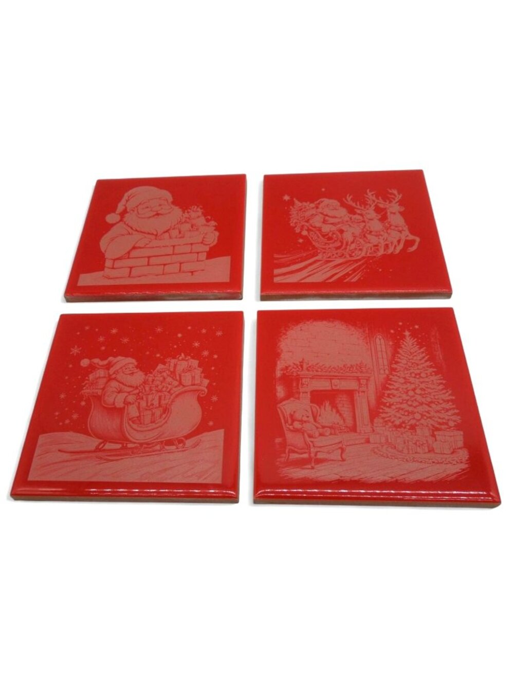 Christmas Tile Ceramic Engraved Santa Sleigh And Fireplace Scenes Set of 4